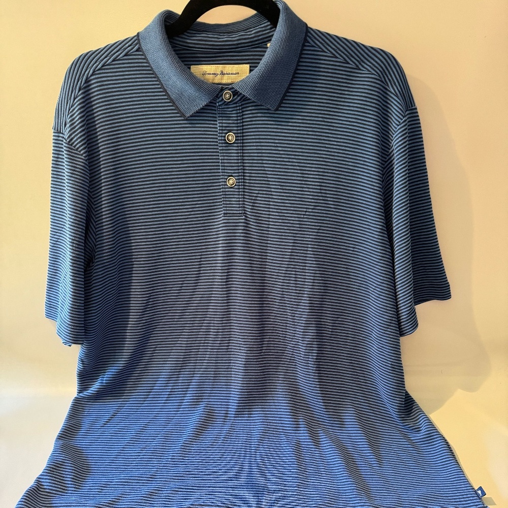 Tommy Bahama S/S Polo Shirt - Blue/Navy Stripe - Size Medium